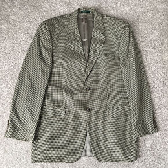 Ralph Lauren Blazer Mens 42L Gold Navy Houndstooth Silk Wool Sport Coat Jacket